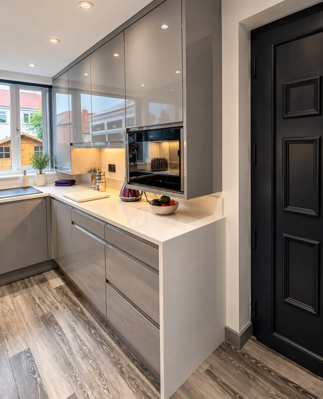 Gloss grey wall units and under-cabinet lighting in a fitted kitchen